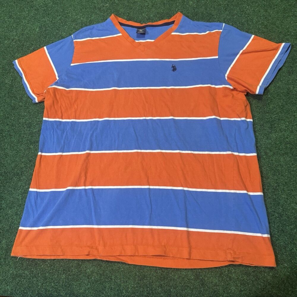 U.S. Polo Assn. V-Neck Striped T-Shirt XXL Orange Blue Casual Tee
